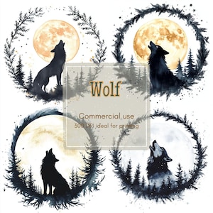 7 Howling Wolf Clipart, Moon Wreath Clipart, Forest Silhouette Clipart, Printable Watercolor, High-Quality JPG&PNG, Papercraft, Junk Journal