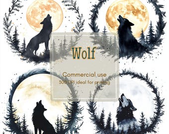 7 Howling Wolf Clipart, Moon Wreath Clipart, Forest Silhouette Clipart, Printable Watercolor, High-Quality JPG&PNG, Papercraft, Junk Journal