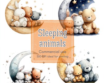 12 Baby Animal Clipart, Moon Nursery Clipart, Starry Night Clipart, Printable Watercolor, High-Quality JPGs & PNGs, Papercraft, Junk Journal