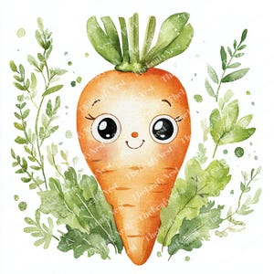 Könnte beinhalten: Eine Aquarell-Illustration einer Cartoon-Karotte mit einem lächelnden Gesicht und großen Augen. Die Karotte ist von grünen Blättern umgeben.