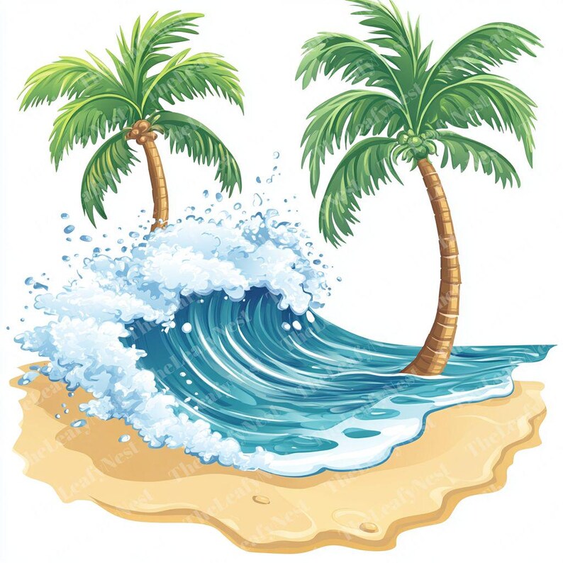 Tropical Beach Clipart: Watercolor Palm Trees, Ocean Waves (JPG & PNG ...