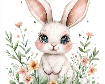 Clipart aquarel konijn: lentebloemen cartoon (digitale download)
