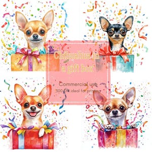 16 Chihuahua Clipart, Geschenk Box Hund Clipart, Feier Welpe Clipart, druckbares Aquarell, hochwertige JPG/PNG, Papiermodell, Junk Journal