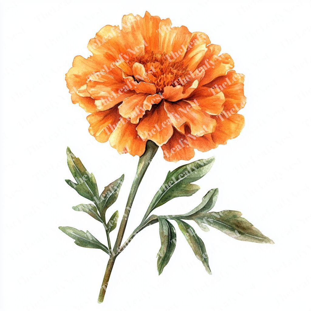 水彩画のマリーゴールドのクリップアート：オレンジ色の庭の花の