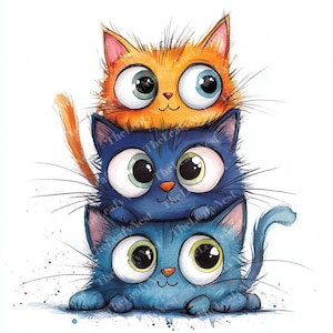 May include: A whimsical illustration of three stacked cartoon cats. The top cat is orange, the middle cat is blue, and the bottom cat is also blue. Each cat has large, expressive eyes and a smiling face.