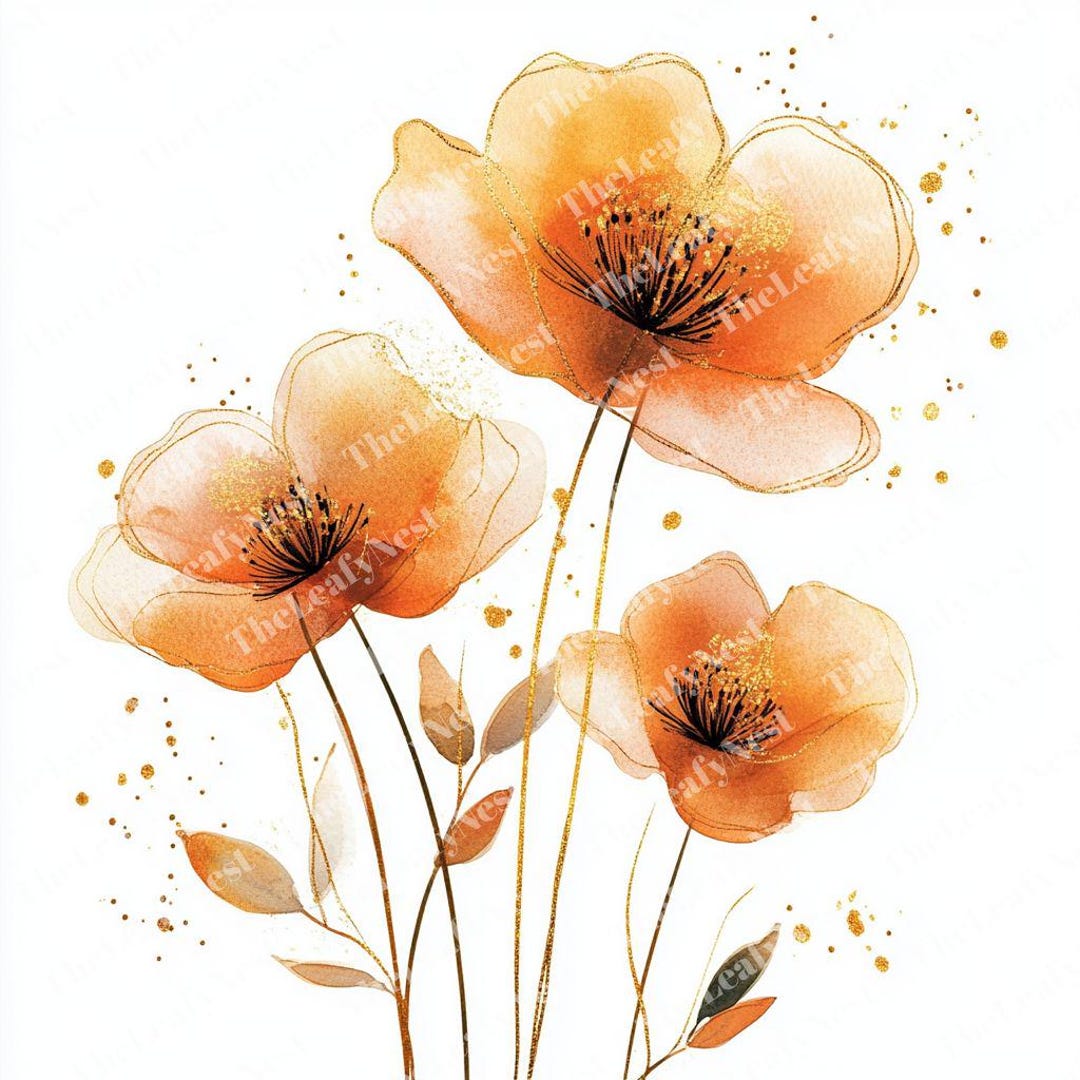 オレンジ色の花のクリップアート：ゴールドの花の水彩画 PNG（デジタル