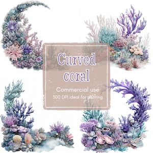 13 Underwater Reef Clipart, Lavender Coral and Seaweed Clipart, Printable Watercolor Clipart, High Quality JPG , PNG, Digital Download