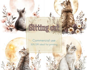 Watercolor Moon Cat Clipart: Floral Celestial Art (JPG Digital Download)