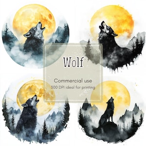12 Howling Wolf Clipart, Moon Mountain Clipart, Misty Forest Clipart, Printable Watercolor, High-Quality JPG & PNG, Papercraft, Junk Journal