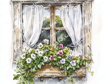 13 Rustic floral window clipart, Window clipart, Printable Watercolor clipart, High-Quality JPG, Digital download, Papercraft, junk journal