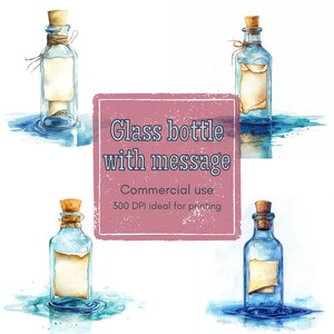 May include: Watercolor illustration of glass bottles with cork stoppers and rolled-up messages inside. The bottles are surrounded by blue water, with the text "Glass bottle with message" in a pink square.