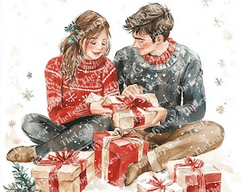 Watercolor Christmas Couple Clipart, Romantic Holiday Art (Digital Download)