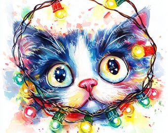 Christmas Cat Clipart: Tangled Lights Watercolor JPG & PNG Digital Download