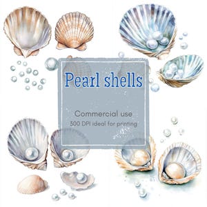 May include: Watercolor illustration of various seashells and pearls. The image features open and closed shells in shades of beige, brown, and white, with pearls scattered around. The text "Pearl shells" is displayed on a gray background.