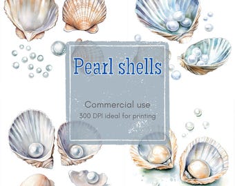 12 Pearl Shell Clipart, Open Seashell with Pearl, Printable Watercolor Clipart, High Quality JPGs, Digital Download, White Margins, Journal