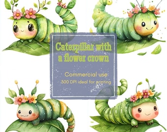 Watercolor Caterpillar Clipart: Flower Crown Bug Illustrations (JPG & PNG)