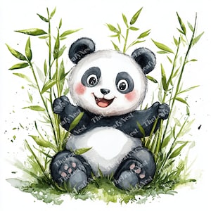 10 Happy Panda with bambus cartoon clipart, Kawaii Panda Clipart,Printable Watercolor clipart,High-Quality JPG, Digital download, Papercraft
