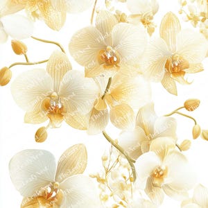 May include: A seamless pattern of white and yellow orchids. The flowers have delicate petals and a detailed center. The background is white, creating a clean and elegant look. The image is suitable for fabric, wallpaper, or other decorative applications.