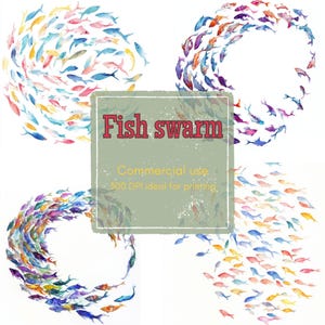 9 Fish Swarm Clipart, Arc of Coral and Teal Fish Clipart, Printable Watercolor Clipart, High Quality JPG,PNG, Digital Download, Junk Journal