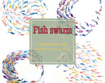 9 Fish Swarm Clipart, Arc of Coral and Teal Fish Clipart, Printable Watercolor Clipart, High Quality JPG,PNG, Digital Download, Junk Journal
