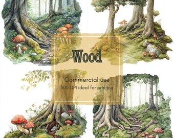 May include: Watercolor illustrations of forest scenes with large trees, mushrooms, and moss. The images have a soft, painterly style with a focus on natural elements. The word "Wood" is displayed in a banner, along with "Commercial use" and "300 DPI ideal for printing".