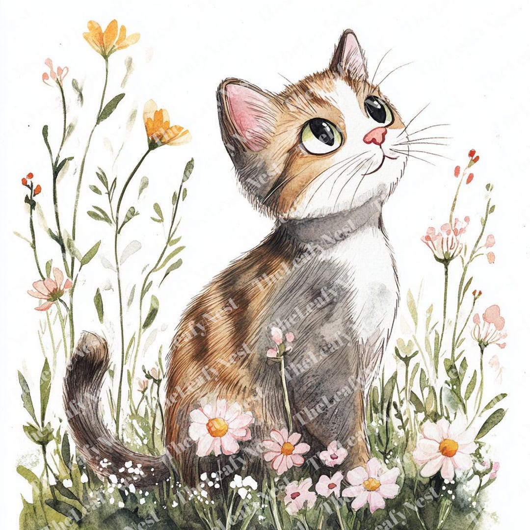 9つの春の猫のクリップアート、花と好奇心旺盛な猫のクリップアート