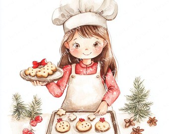 Christmas Girl Watercolor Clipart, Festive Baking (Digital Download)