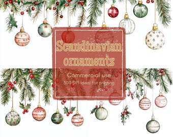 May include: Watercolor illustration of Scandinavian ornaments. The image features various Christmas ornaments in red, green, and white, hanging from evergreen branches with red berries. The text "Scandinavian ornaments" is displayed on a red background.