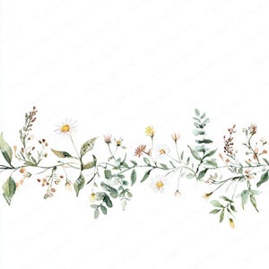 Op de afbeelding: Waterverfillustratie van een bloemenrand met madeliefjes, kleine gele bloemen en diverse groene bladeren en stelen. Het ontwerp is geschilderd in zachte, natuurlijke kleuren, perfect voor een delicaat, botanisch thema.