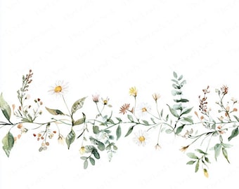 10 Wildflower Border Clipart 2, Minimalist Daisies and Leaves, Printable Watercolor Clipart, High Quality JPGs, Digital Download, Journal