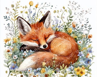 Può includere: Illustrazione ad acquerello di una volpe addormentata tra fiori di campo. La volpe ha una pelliccia arancione con dettagli bianchi e neri. I fiori sono gialli, blu e bianchi, con foglie verdi. La volpe è rannicchiata, con gli occhi chiusi.