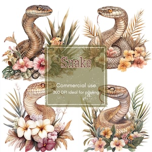 11 Cobra Snake Clipart, Floral Cobra Clipart, Earth Tone Reptile Clipart, Printable Watercolor, High-Quality PNG, Papercraft, Junk Journal