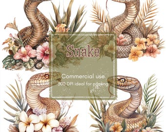 11 Cobra Snake Clipart, Floral Cobra Clipart, Earth Tone Reptile Clipart, Printable Watercolor, High-Quality PNG, Papercraft, Junk Journal