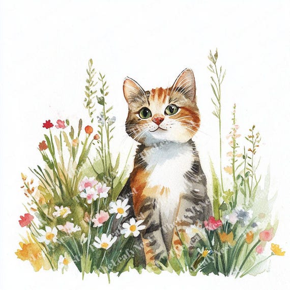 9つの春の猫のクリップアート、花と好奇心旺盛な猫のクリップアート