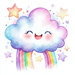 7 imágenes prediseñadas de dibujos animados de nubes y arcoíris, imágenes prediseñadas de nubes sonrientes, imágenes prediseñadas de acuarela imprimibles, JPG de alta calidad, descarga digital, manualidades de papel