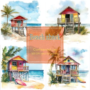 14 Beach Shack Clipart, Surfboard Clipart, Coastal Summer Clipart, Printable Watercolor, High-Quality JPGs, Papercraft, Junk Journal