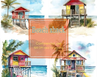 14 Beach Shack Clipart, Surfboard Clipart, Coastal Summer Clipart, Printable Watercolor, High-Quality JPGs, Papercraft, Junk Journal