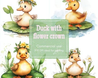 Duck Clipart Set: Flower Crown, Lily Pad, Watercolor (PNG, JPG)