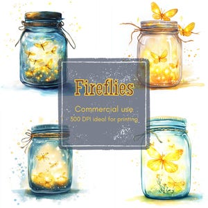 14 Firefly Jar Clipart, Glowing Fireflies in Glass Clipart, Printable Watercolor Clipart, High Quality JPGs, Digital Download, Junk Journal
