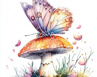 11 Butterfly Mushroom Clipart, Fairy Tale Insect Clipart, Whimsical Nature Clipart, Printable Watercolor, High-Quality JPGs&PNGs, Papercraft