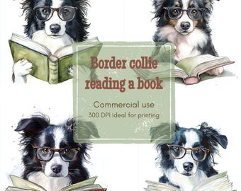 14 Border Collie Clipart, Reading Dog Clipart, Smart Pet Clipart, Printable Watercolor, High-Quality JPGs, PNGs, Papercraft, Junk Journal