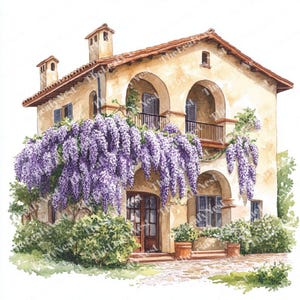 13 Italian Villa Clipart, Wisteria-Draped House Clipart, Printable Watercolor Clipart, High Quality JPGs, Digital Download, Junk Journals