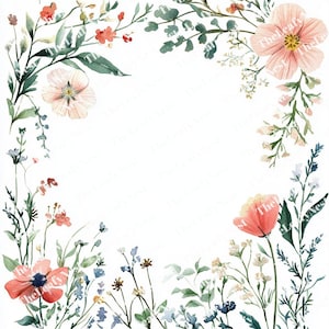 18 Floral Frame, Botanical Frame with Flowers and Vines, Printable Watercolor Clipart, High Quality JPG,PNG, Digital Download, Junk Journal