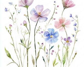 12 wilde bloemen, bloeiende bloem clipart, afdrukbare aquarel clipart, hoge kwaliteit jpg's en png's, digitale download, papercraft,