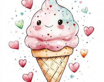 11 imágenes prediseñadas de helado sonriente, imágenes prediseñadas de helado feliz, imágenes prediseñadas de acuarela imprimibles, JPG de alta calidad, descarga digital, manualidades de papel
