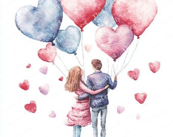 Couple with Heart Balloons Watercolor Clipart (Digital Download)