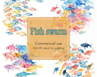 12 School of Fish Clipart, Pastel Blue Pink Mint Yellow Fish Clipart, Printable Watercolor Clipart, High Quality JPGs & PNG,Digital Download