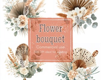 13 Summer Bouquet Clipart, Boho Floral Clipart, Dried Palm Fan Clipart, Printable Watercolor, High-Quality JPGs, Papercraft, Junk Journal