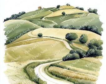 8 Rolling Hills Clipart, Golden Green Landscape Clipart, Printable Watercolor Clipart, High Quality JPGs, Digital Download, Junk Journals