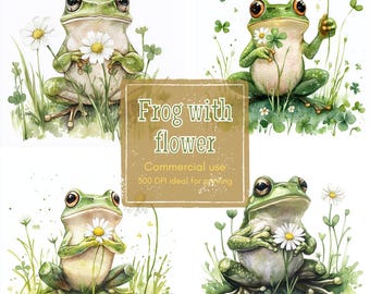 18 Daisy Frog Clipart, Clover Forest Floor Clipart, Charming Animal Clipart, Printable Watercolor, High-Quality PNG/JPG, Papercraft, Journal